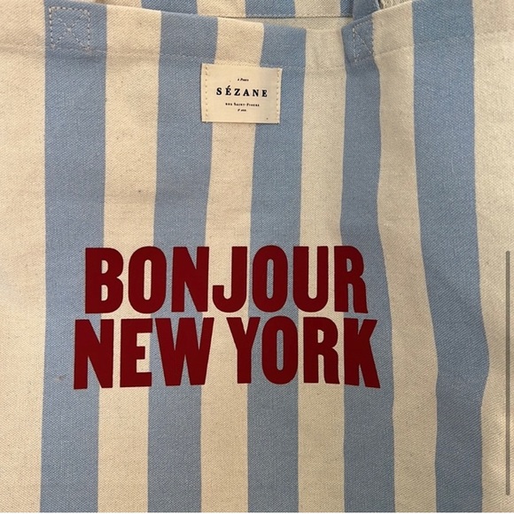 Sezane Bonjour New York Tote Bag, Blue and white crean stipes.…NWOT!! - Picture 2 of 4